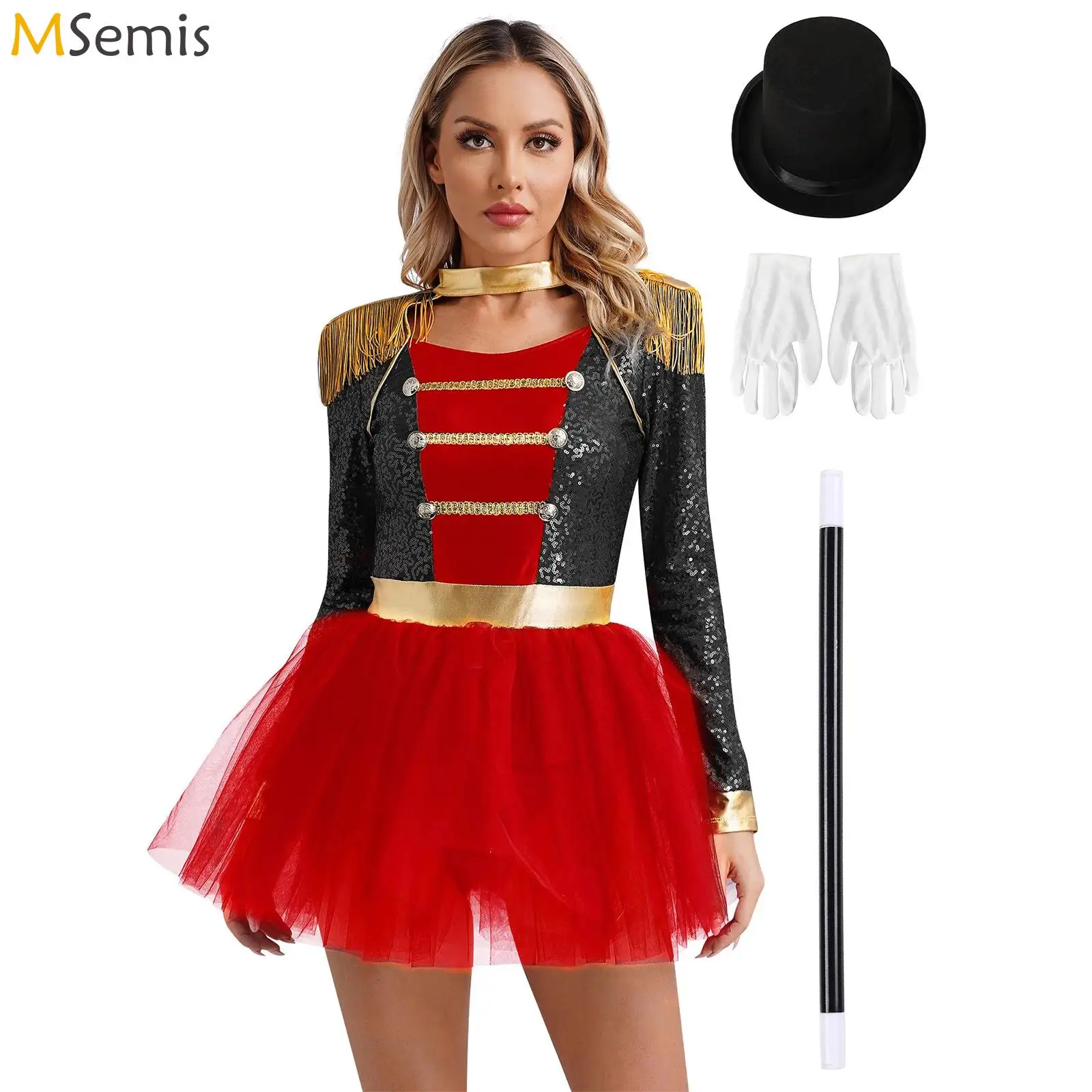 

Women's Circus Ringmaster Cosplay Costume Halloween Sequins Long Sleeve Fringed Shoulder Tulle Tutu Leotard Dress Magician Suit