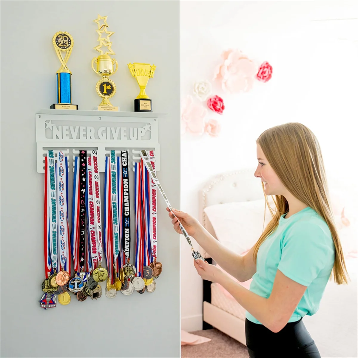 White Medal Hanger Display with Shelf - Easy Install Metal Award Rack Trophy Shelf for Walls Holds Sports Medals