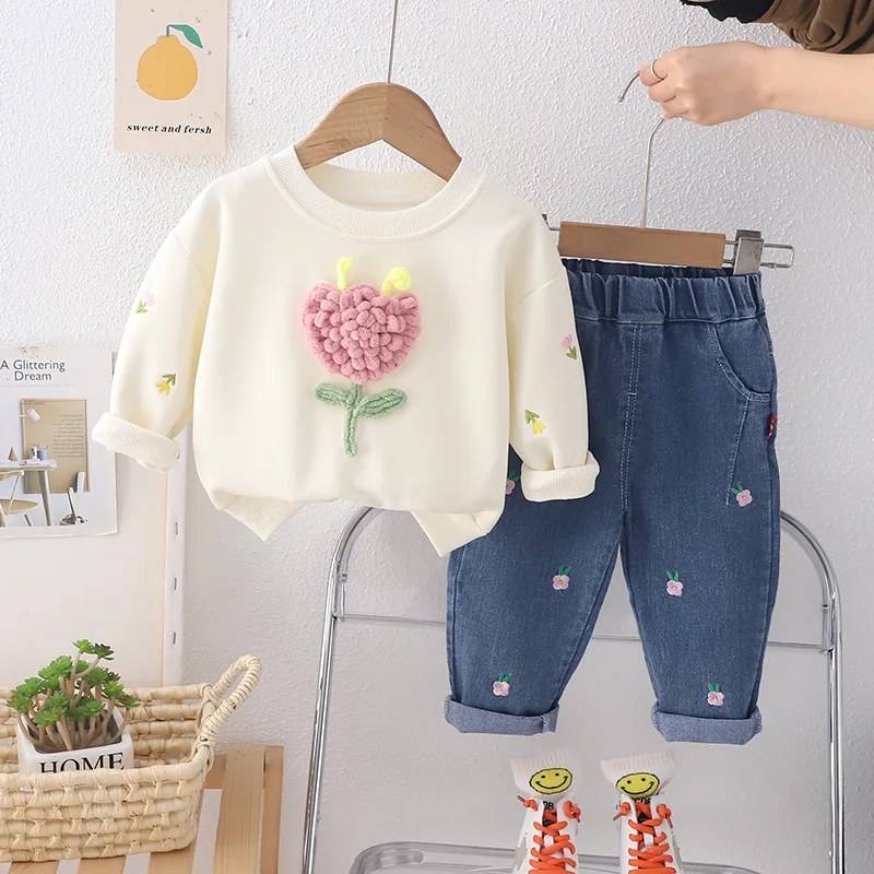 Completo di abbigliamento primavera e autunno 0-5 anni ragazze coreane fiori dolci e adorabili cappotto sportivo di moda + pantaloni in denim