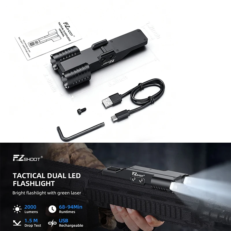 

EZshoot 2000 Lumen Dual LED Rifle Light with USB Rechargeable Rifle Flashlight Compatible with Picatinny Rail with Strobe Mode