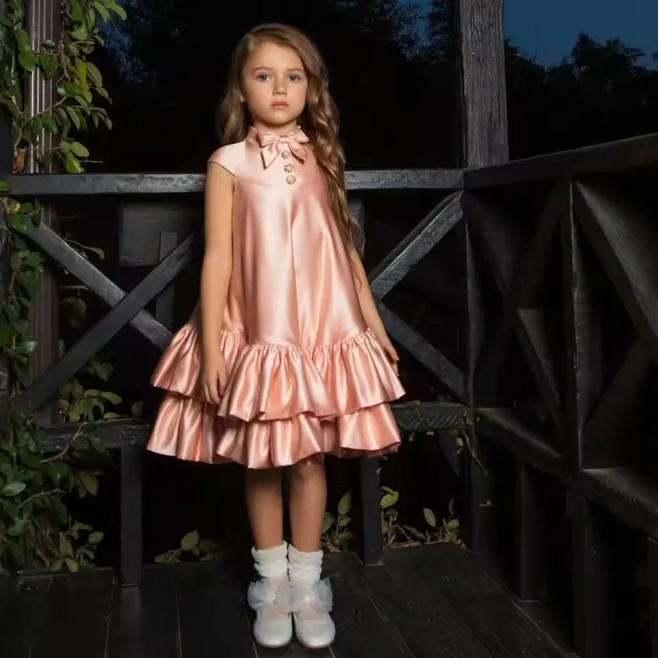 Customized Lovely Pink Flower Girl Dress for Wedding With Bow Knee Length Layered First Communion Ball Birthday Party Gowns