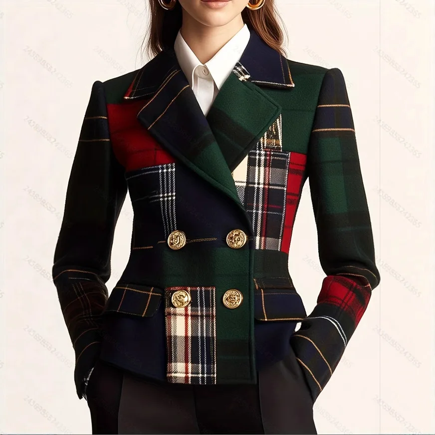 

KIDCRKJ Desinged Women Spring Woolen Jacket Plaid Double Breasted Color Blocked Lady Outwear Slim Commuting Female Blazer Coat