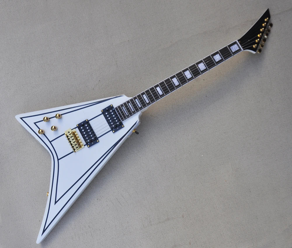 Left Hand White V Electric Guitar with Black Trim,Rosewood Fretboard,Can be Customized