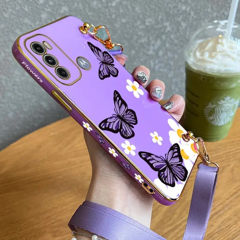 

Garden Butterflies Lanyard Plating Phone Case For Motorola Moto G60 G53 G50 G42 G30 G20 G22 G52 E20 Plus G9 Play G8 Power Cover