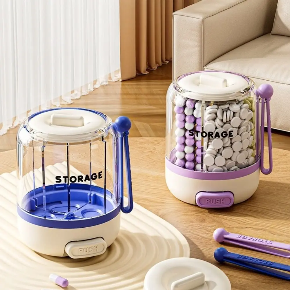 Press Type 4 Grids Pill Organizer Rotating Anti-Mixing Medicine Storage Container Large Capacity Round Daily Pill Dispenser