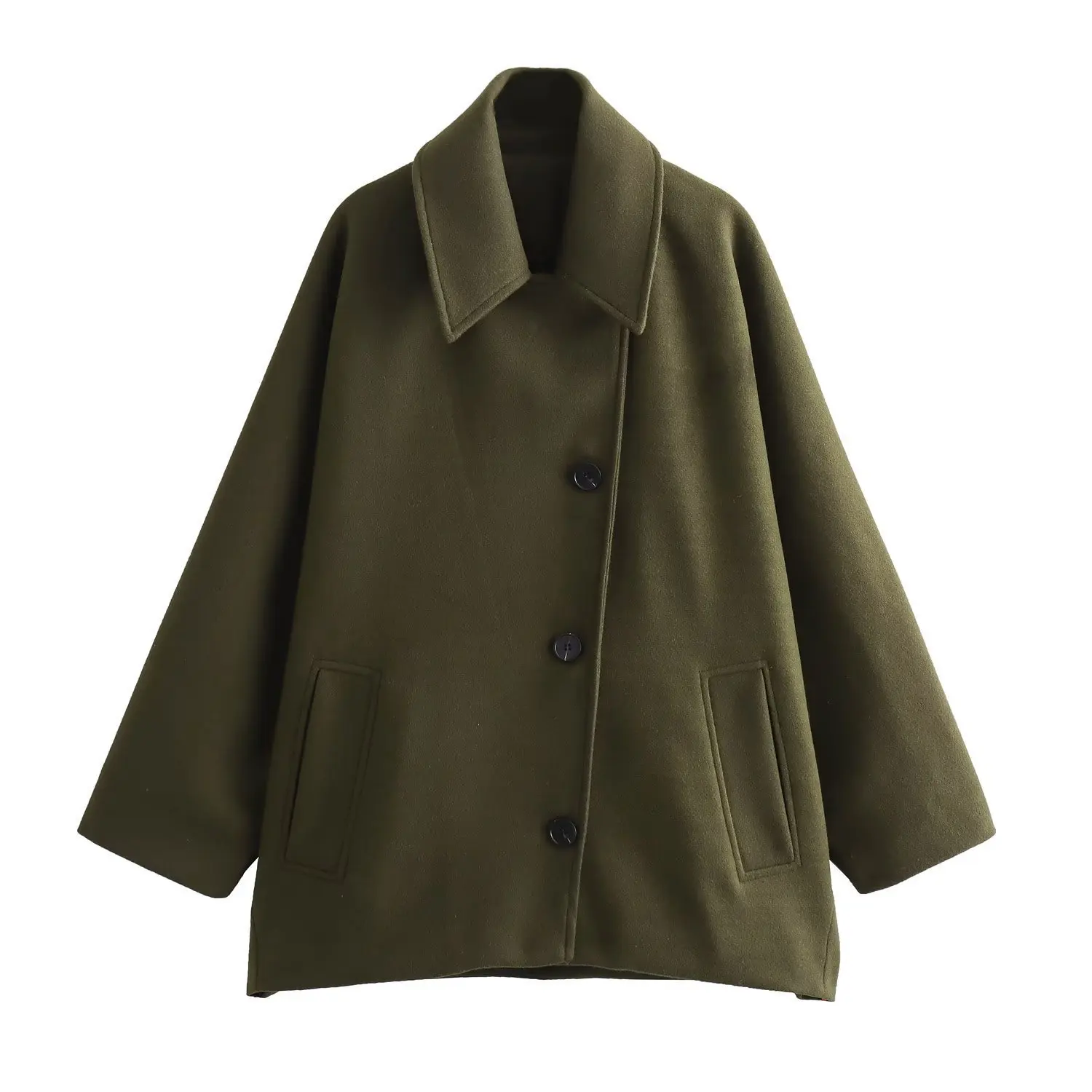Schicker französischer Tweed-Mantel für Damen, mit Reverskragen, Fledermausärmeln, einreihiger Knopfleiste, Taschen, locker geschnitten, kurz, warm, eleganter Wintermantel. – Detail 17