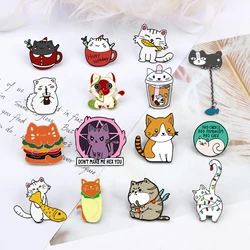 Cute Pet Cat Bubble Tea Brooch Enamel Mini Tea Cup Cats Hamburger Kitten Eating Fish Metal Chain Badge Smiling Animal Lapel Pins