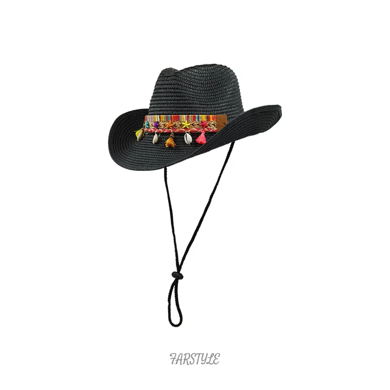 Western Straw Cowboy hat Windbreak rope straw hat solid Party Outdoor summer sombrero vaquero Sunshade Jazz Hat Panama sun hat