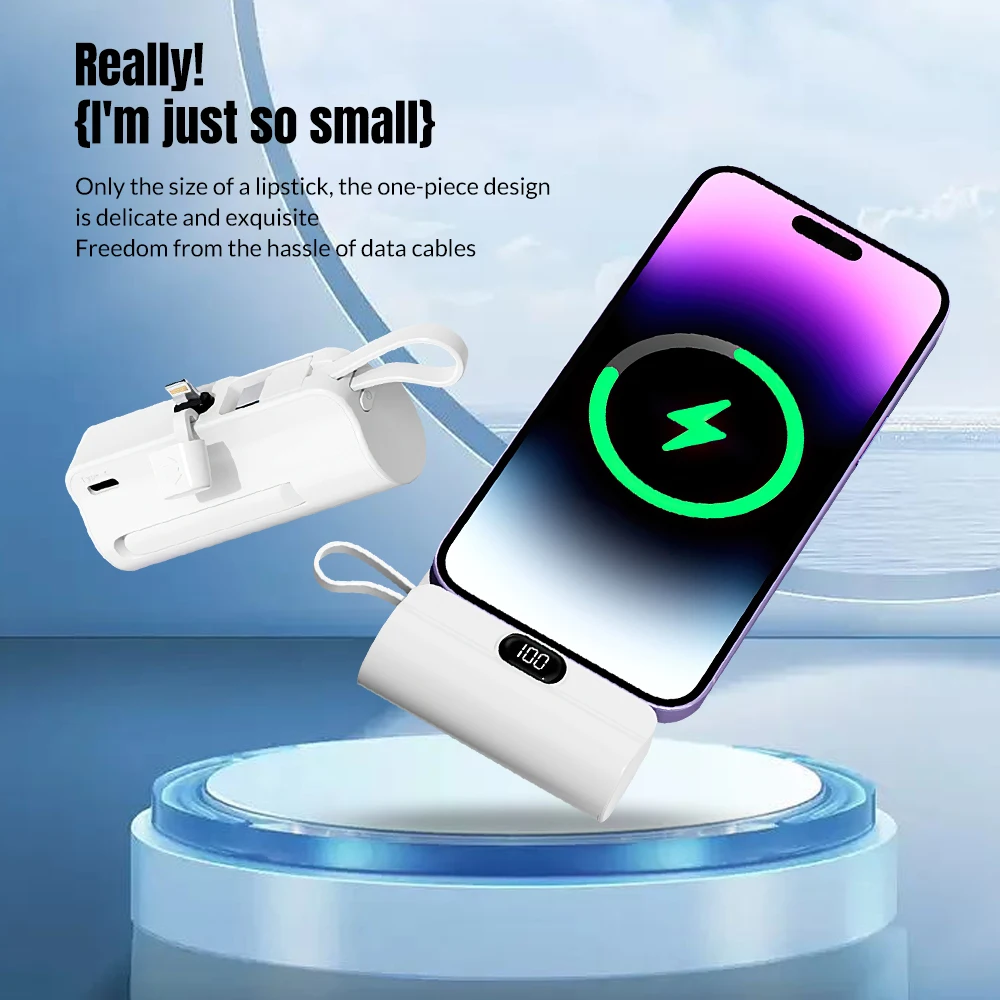 Dual Interface Capsule Power Bank Wireless Pocket Power Bank 5000mah External Battery Charger Apple plug+Type-c cable for iPhone