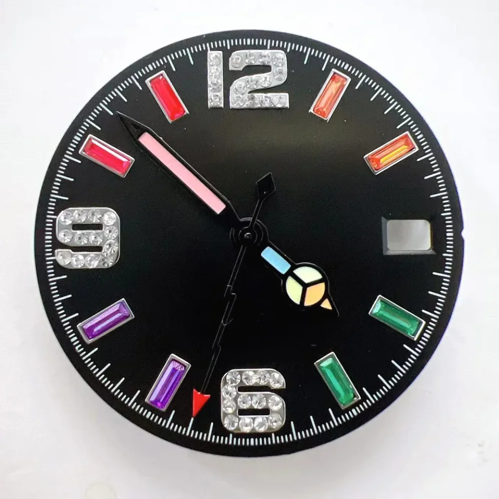 

New 28.5mm Sunburst Colorful Diamond Watch Dial for NH35/NH36 Automatic Movement Mod Accessories Green Lume Hands