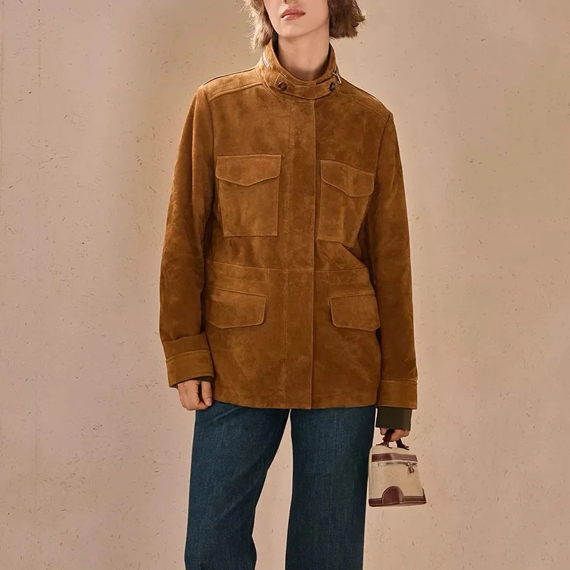 เสื้อแจ็คเก็ตสปริงสำหรับผู้หญิง คุณภาพสูง หนังกลับเด็ก สีคาราเมล/กาแฟ สไตล์วินเทจ คอตั้ง มีกระเป๋า ซิป หนังแกะ Casaco Feminino