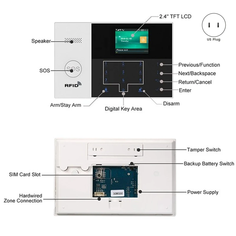 Sensor do Sistema de Alarme de Segurança, WiFi, SIM, GSM, RFID, Controle Remoto, IOS, Android APP, US Plug