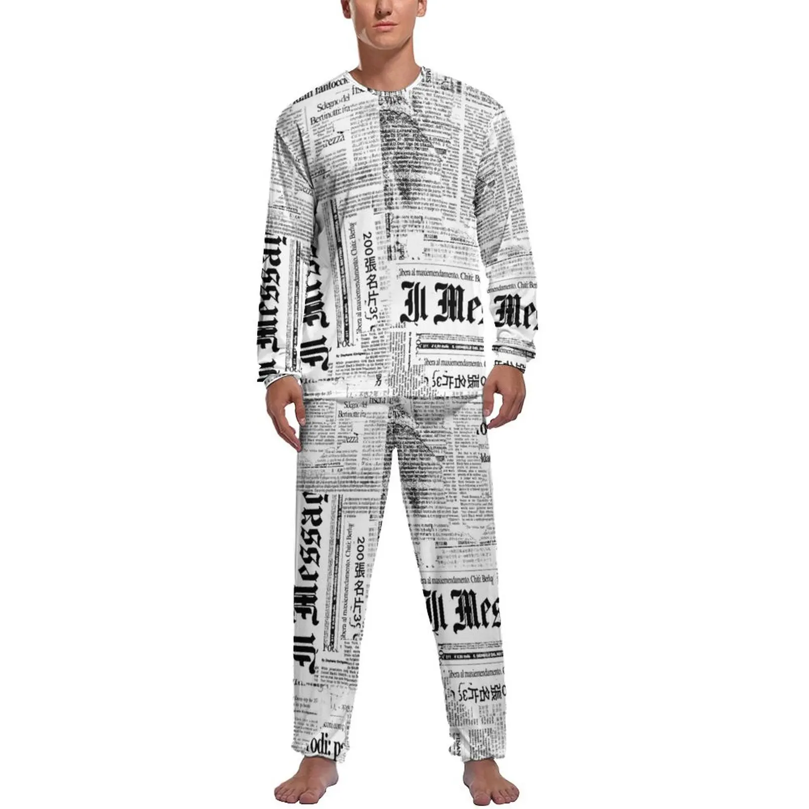 Grunge Newspaper Pajamas Black And White Man Long Sleeve Cute Pajama Sets 2 Piece Sleep Autumn Graphic Sleepwear Birthday Gift