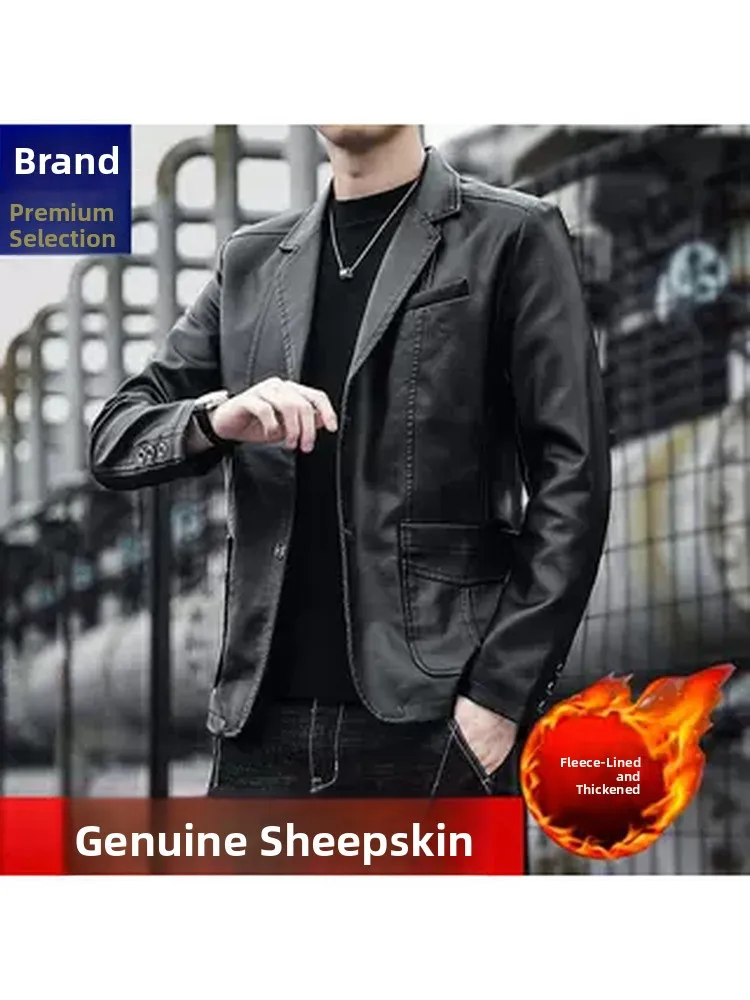 

Men's Slim Fit Leather Jacket Soft Leather Fleece Lined Thickened Woolen Suit Collar Winter Business Casual Style Coat