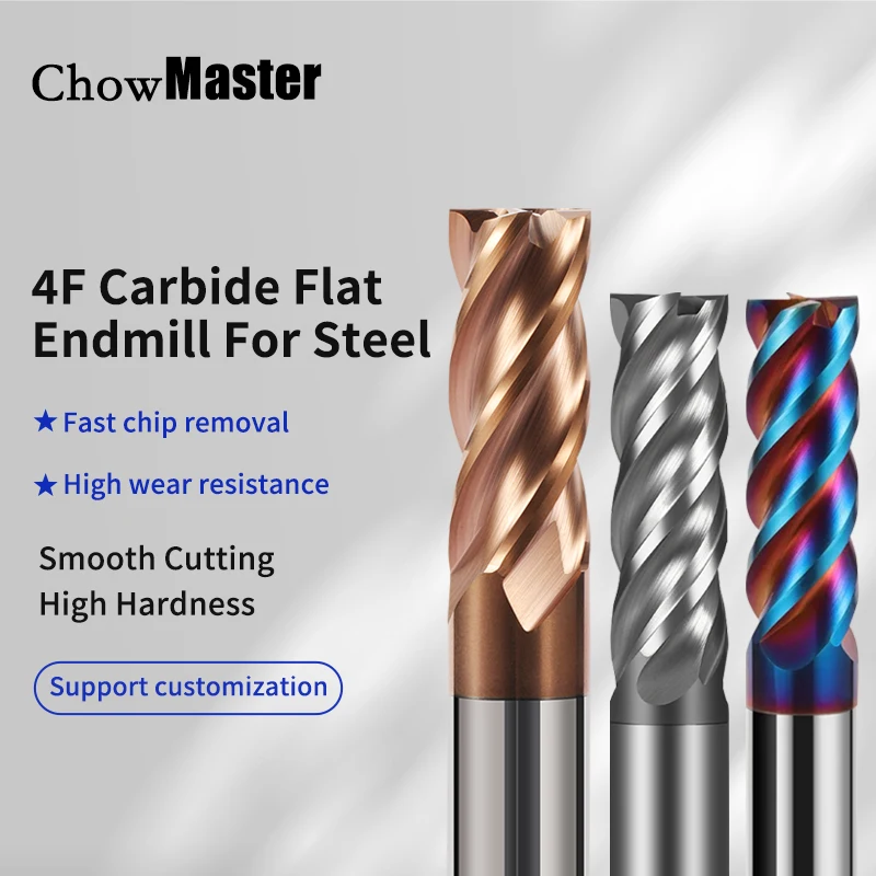 

Chowmaster CNC End Mills Carbide 4 Flute Tungsten Endmill Tools Face Router Bit HRC 55 65 70 Milling Cutter for Steel