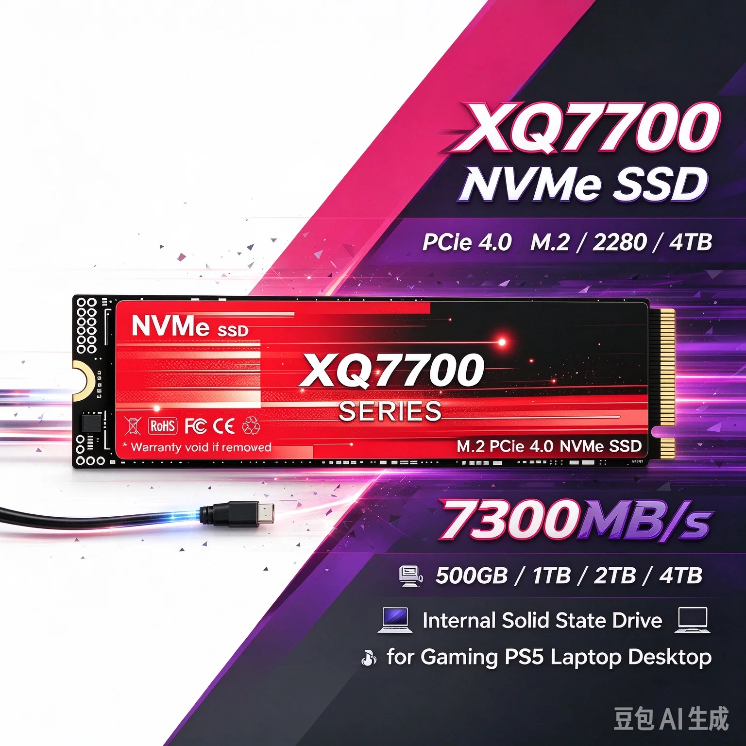 7300MB/s XQ7700 Series NVMe SSD Unleash Peak Performance PCIe 4.0 M.2 Internal Drive Gaming PS5 Desktop Laptop 1TB 2TB 4TB