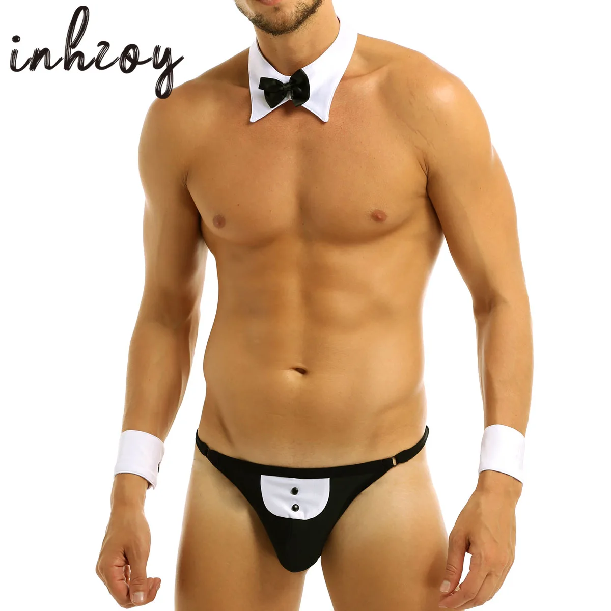 Men Sexy Roleplay Costume Erotic Waiter Lingerie Set T-Back Thong Tuxedo Collar and Cuff Set Gay Male Underwear Sissy Lingerie