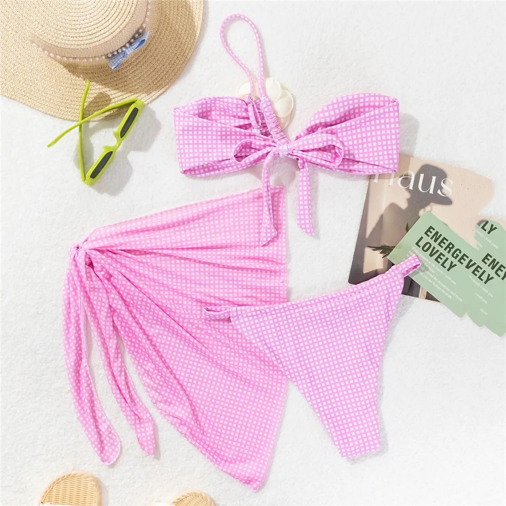 3D Flower Pink Plaid Mico Thong 3 Piece Bikini Set Damen Mesh Cover Up Swimwear Sexy Swimsuit Women 2024 Beachwear Bikinis Mujer