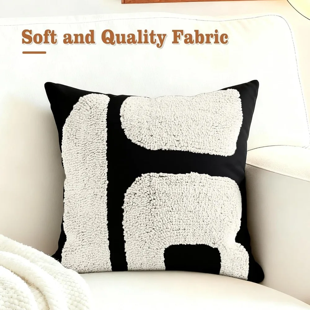 Schwarz-weiße Kissenbezüge im böhmischen Stil, 4er-Set, 45,7 x 45,7 cm, abstraktes geometrisches quadratisches Design, klobige getuftete Pille