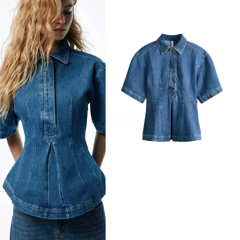 

Новая женская джинсовая рубашка с отложным воротником и коротким рукавом, приталенная, во французском стиле, из дышащего полиэстера.