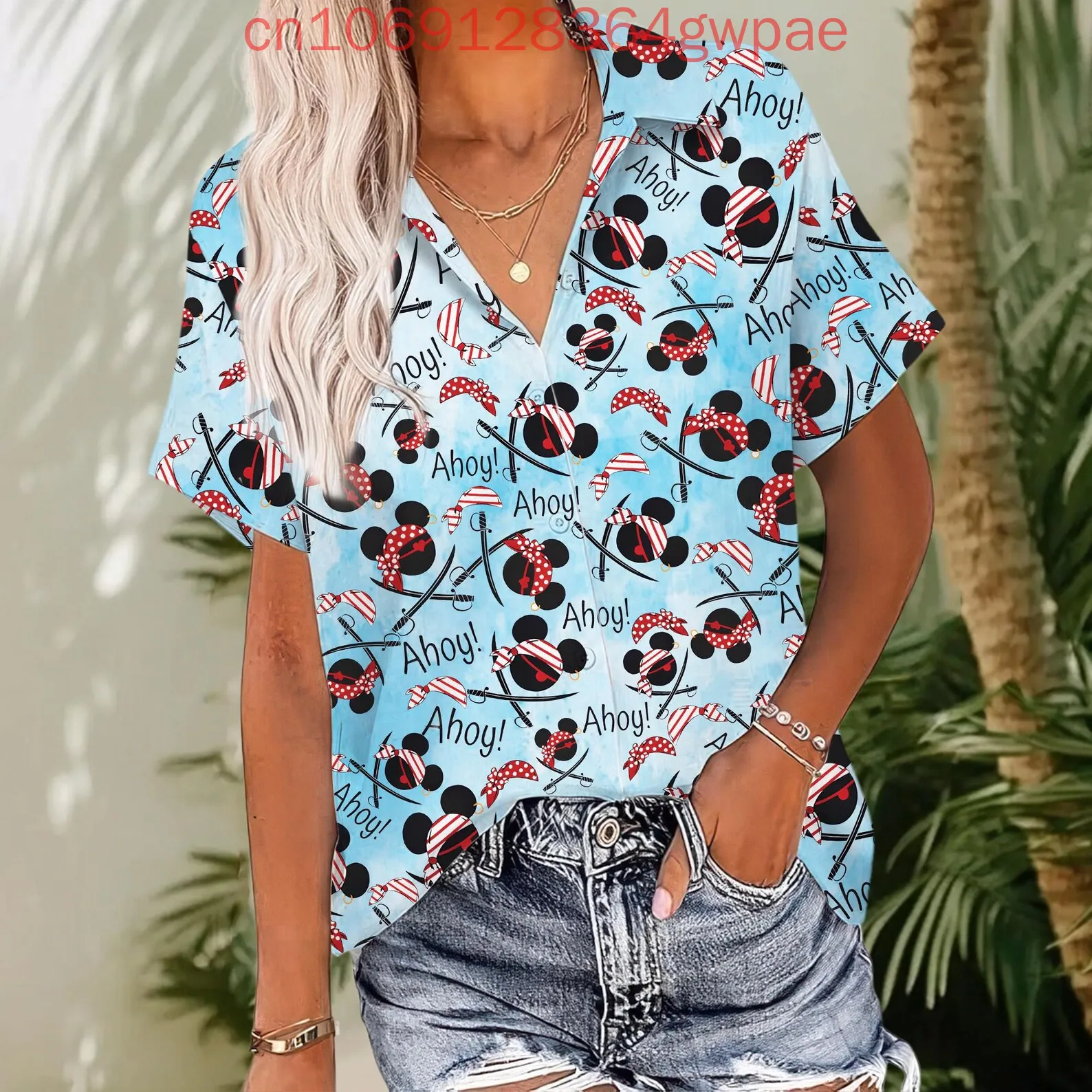 

Новая женская рубашка Disney с Микки Маусом, круизным пиратом, гавайская рубашка, летняя повседневная женская рубашка с коротким рукавом, пляжные рубашки для отдыха