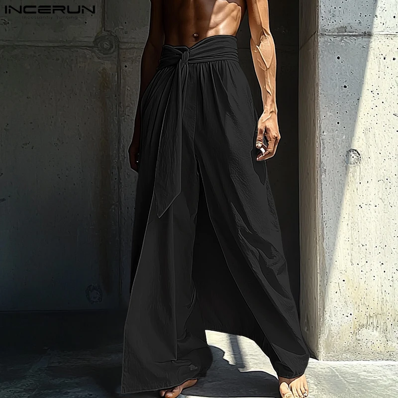 Incerun calças masculinas cor sólida rendas até corredores soltos casuais calças de perna larga homens 2025 cintura elástica calças plissadas streetwear