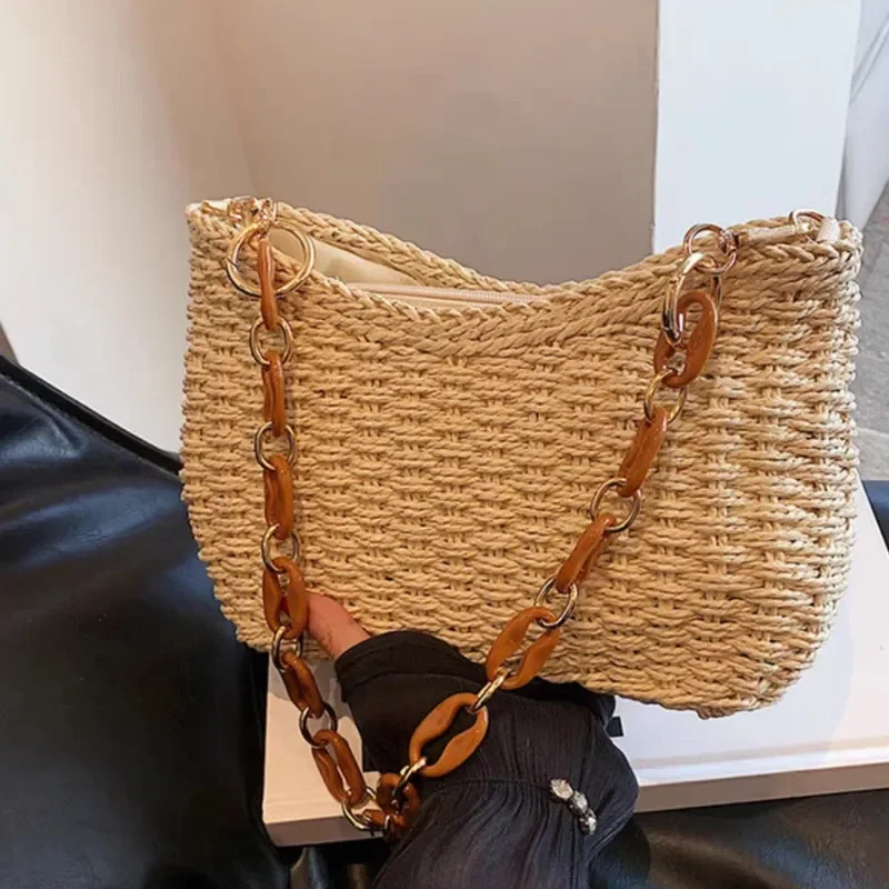 Straw Woven Shoulder Bag for Women Luxury Beach Vacation Handbag Portable Seaside Travel Accessory