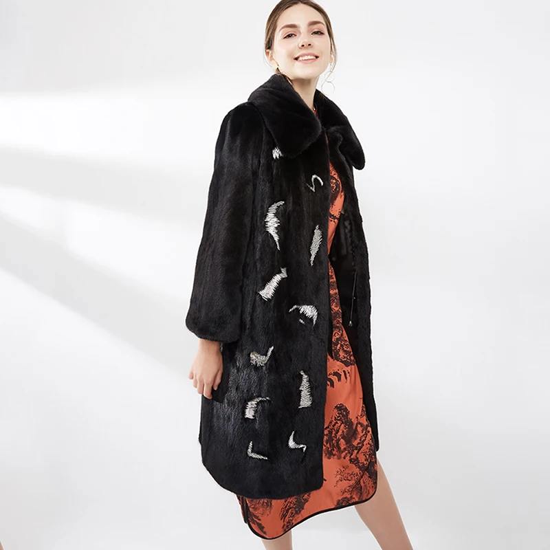 Ftangaiur 겨울 여성용 수입 벨벳 밍크 퍼 코트 턴다운 칼라 밍크 코트 여성 재킷 엑스트라 롱 천연 리얼 밍크 퍼 코트