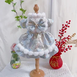 Winter Fleece Plush Warm Pet Dog Clothes Fashion Handmade Cotton Bow Princess Dress For Small Medium Dogs Casual Puppy Outfits