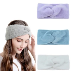 Hot Selling Woolen Plush Headband Winter Ear Warmer Fur Cross Hairband Solid Wide Turban Headwrap Women Hair Band Stretch 2023