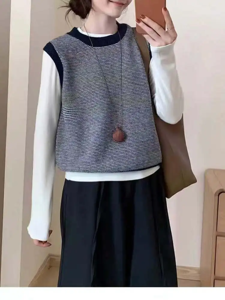 

Korean Sle round Ne Knitted Woolen Vest Loose Fit Svel Top for Women Commute Autumn Winter Faion Striped Design