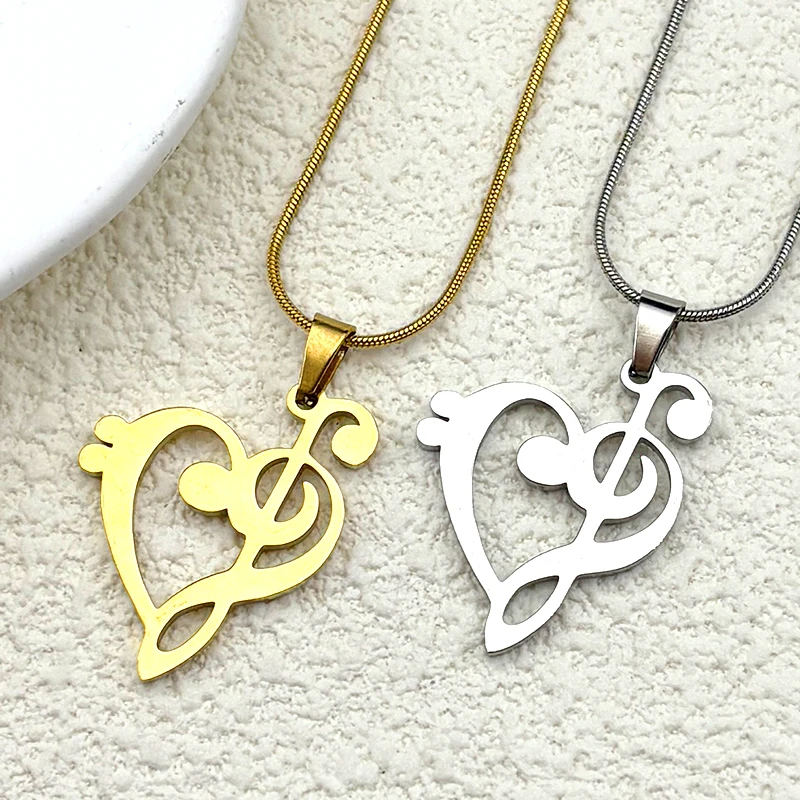 

Musical Note Love Heart Pendant Necklace For Women Men Stainless Steel Gold Color Hiphop Fashion Neck Chain Jewelry Accessory