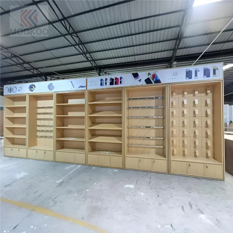 custom.Mobile Phone Shop Display Cabinet Wall Mounted Display Mobile Electronic Parts Steel Wood Shelf Display Stand view 4
