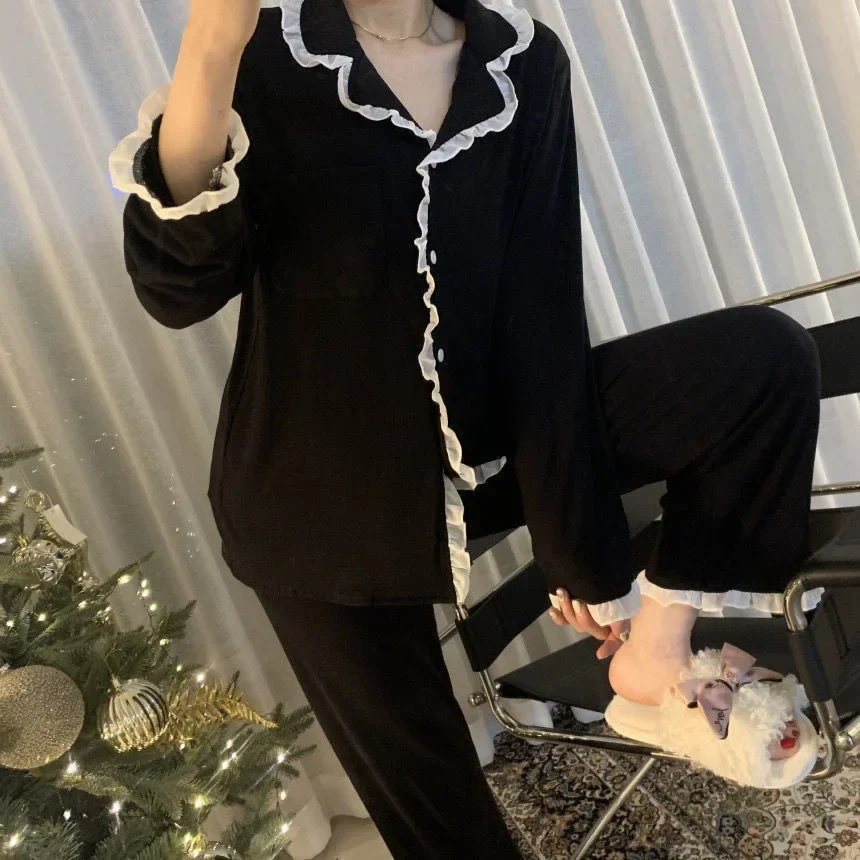 Spring Sleepwear Lady Long Sleeve Tops Pants 2 PCS Trousers Sets Women\'s Pajama Solid Korean Fashion Pijama for Women Nightwear