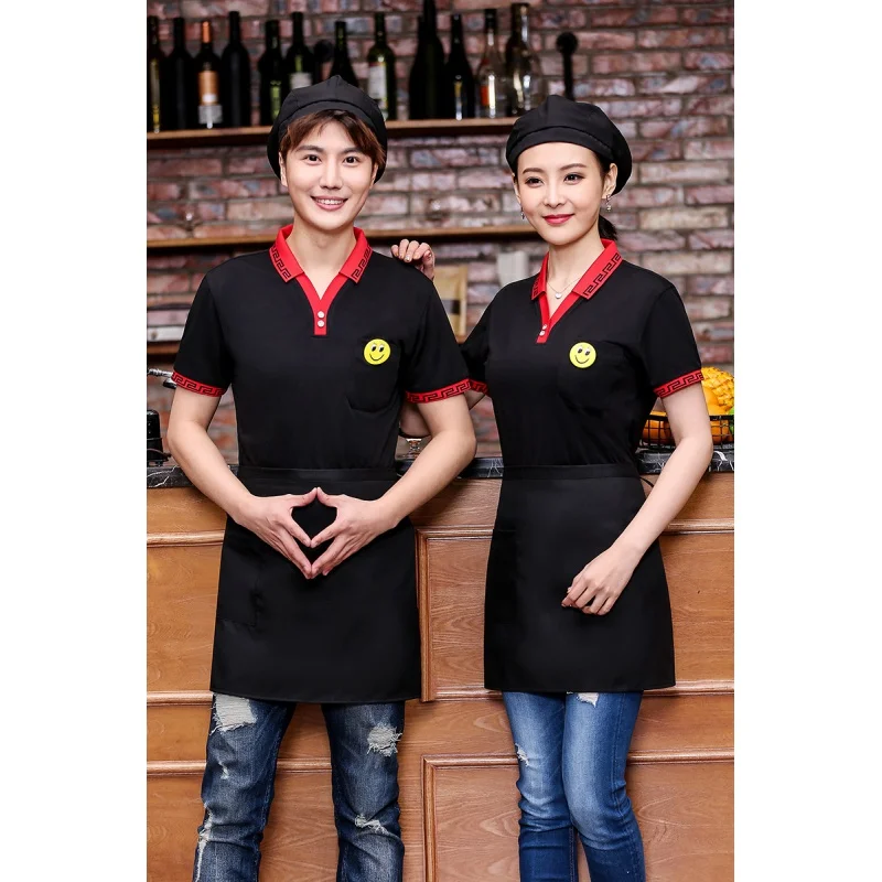 New Waiter Short-Sleeved T-shirt Custom Logo Restaurant Hot Pot Restaurant Milk Tea Coffee Shop Restaurant V-neck Working Clothe