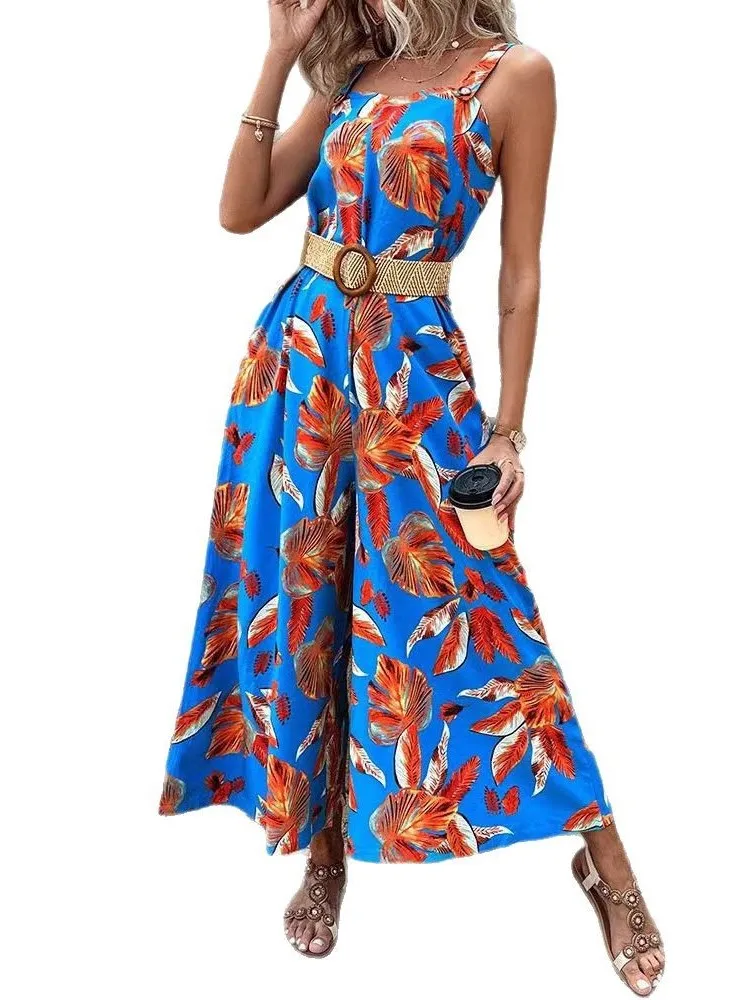 Plus Size Print Wide Leg Sashes Jumpsuit New Women's Fashion Elegant Spaghetti Strap Office High Waist Casual Long Jumpsuits