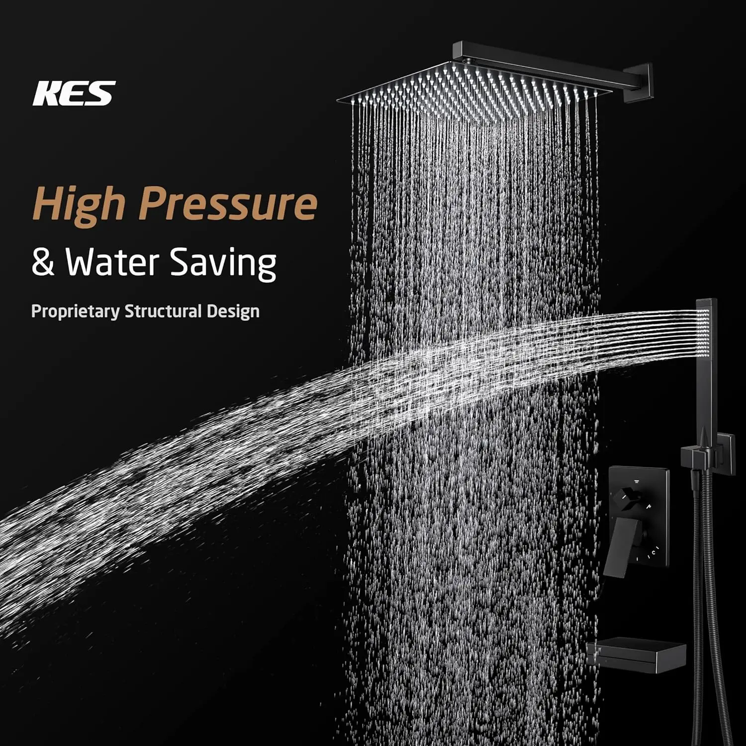 Kes Black Shower Faucet Set Complete, 12 Inch Rainfall Shower Head With Handheld Spray, Waterfall Tub Spout Bathtub Faucet,