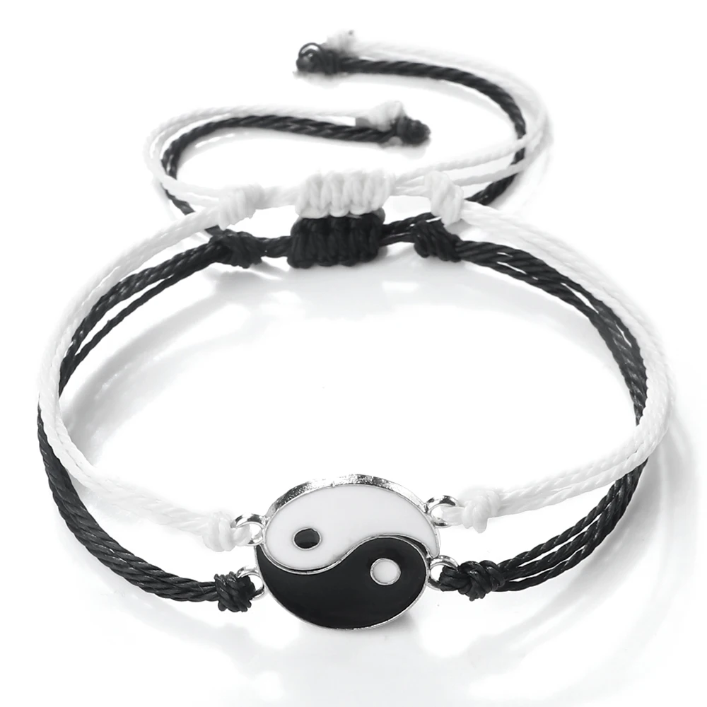 Pulseiras Yin Yang para homens e mulheres, pingente de Tai Chi, corda trançada, pulseira combinando para melhores amigos, joias, preto e branco, conjunto 2 peças