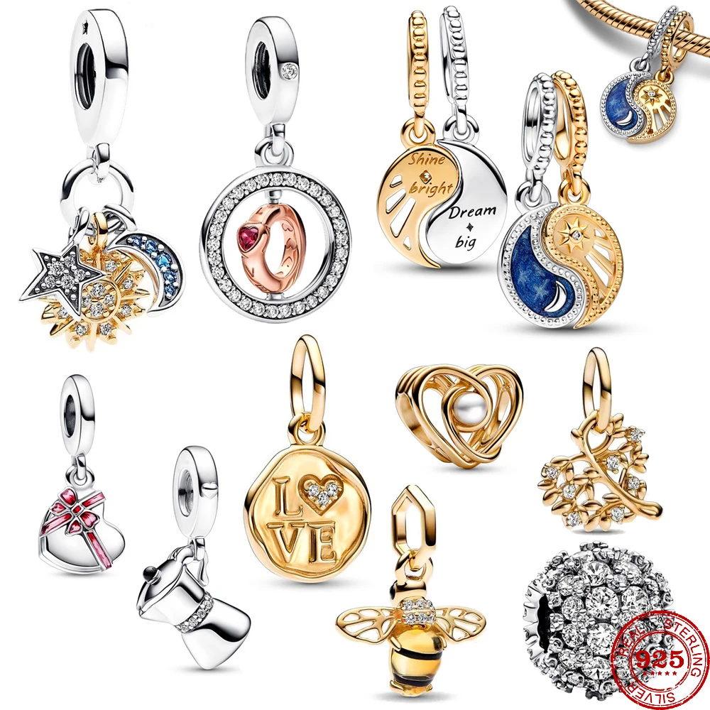 Breloques pendentif en argent regardé 2023 pour femme, perles de café, convient au bracelet Pandora original, bijoux à bricoler soi-même, équation du soleil et de la lune, cadeau, nouveau, 925