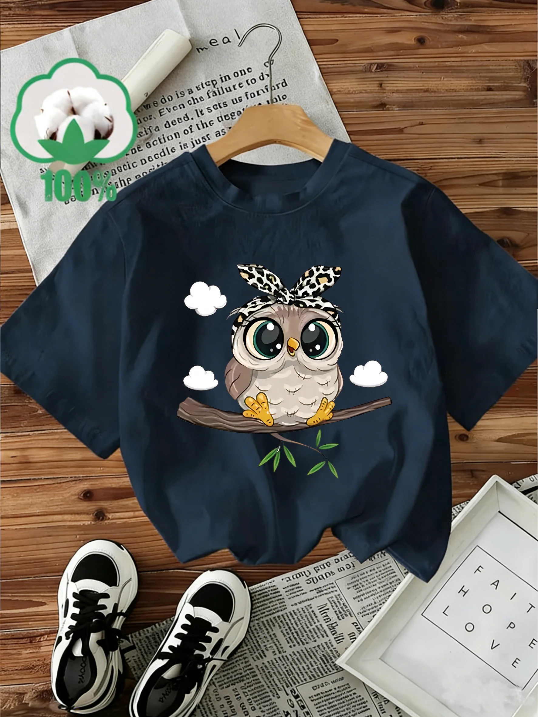 T-Shirt aus 100 % Baumwolle, süßes Damen-T-Shirt mit grafischem Cartoon-Eulen-Aufdruck, kurzärmeliges Oberteil mit Rundhalsausschnitt, Freizeithemd