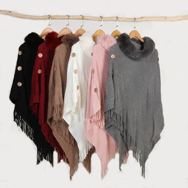 

Women'S Autumn And Winter Fur Collar Hooded Shawl 2026 New Long Knitted Cardigan Side Button Cape Jacket