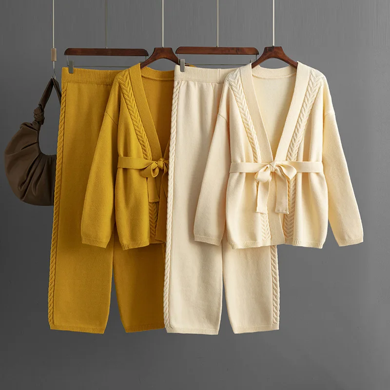 

Casual Female Sets Clothing Lace-up Solid Cardigan and Wide Leg Trousers Women Solid Knit 2 Piece Set 2025 Winter New Tide B810