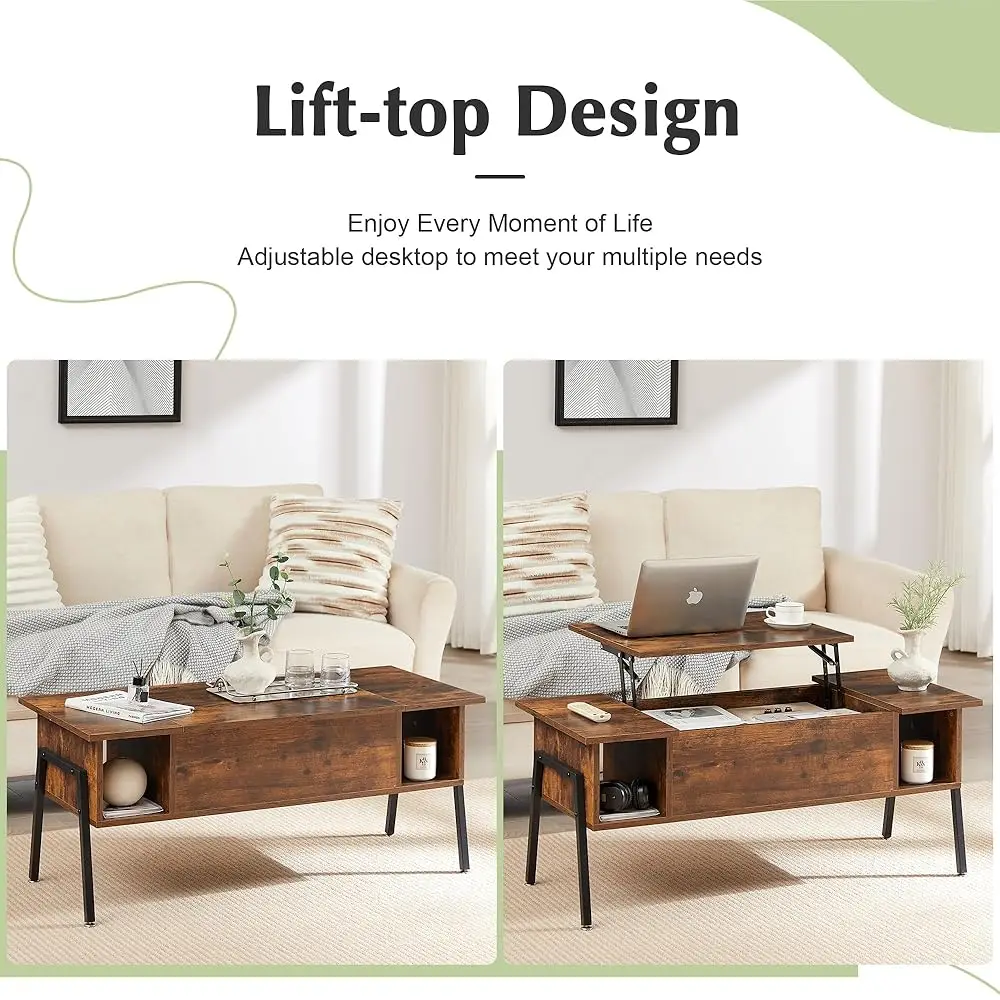 Wood Lift Top Coffee Table With Hidden Compartment And Storage Shelf For Living Room/Office Reception, Rising Tabletop, Brown