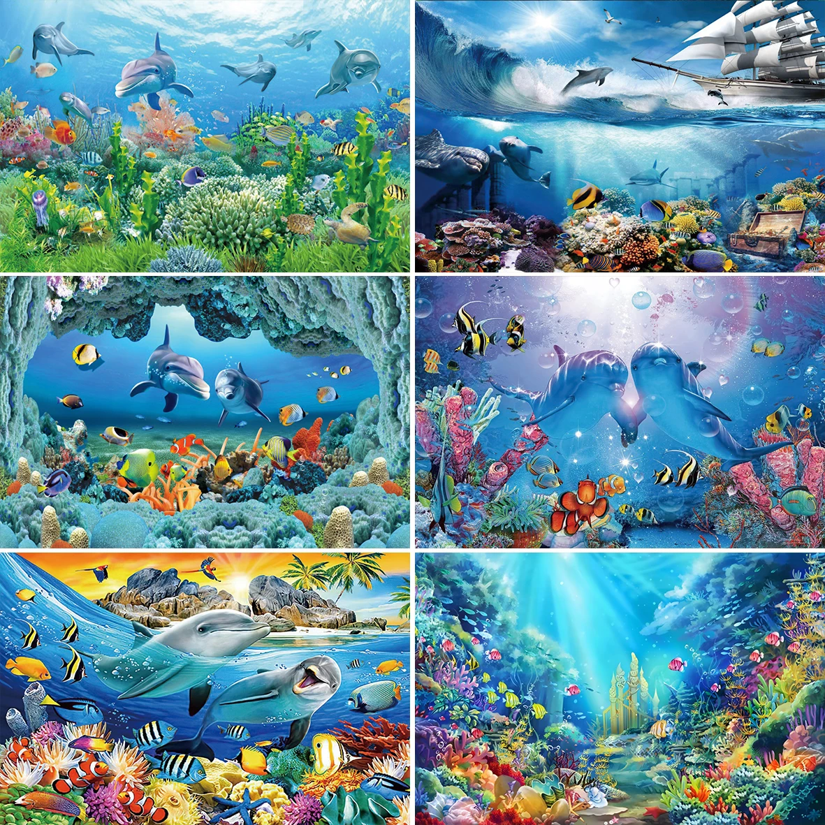 Underwater World Seabed Background Ocean Dolphin Underwater Marine Coral Fishes Baby Birthday Party Decor Photography Backdrop