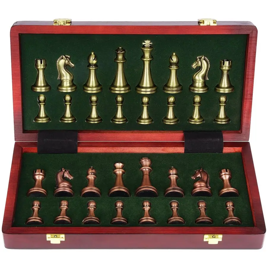 

Retro Metal Chess Set with Folding Wooden Chess Board and Classic Handmade Standard Pieces Metal Chess Set for Kids Adult