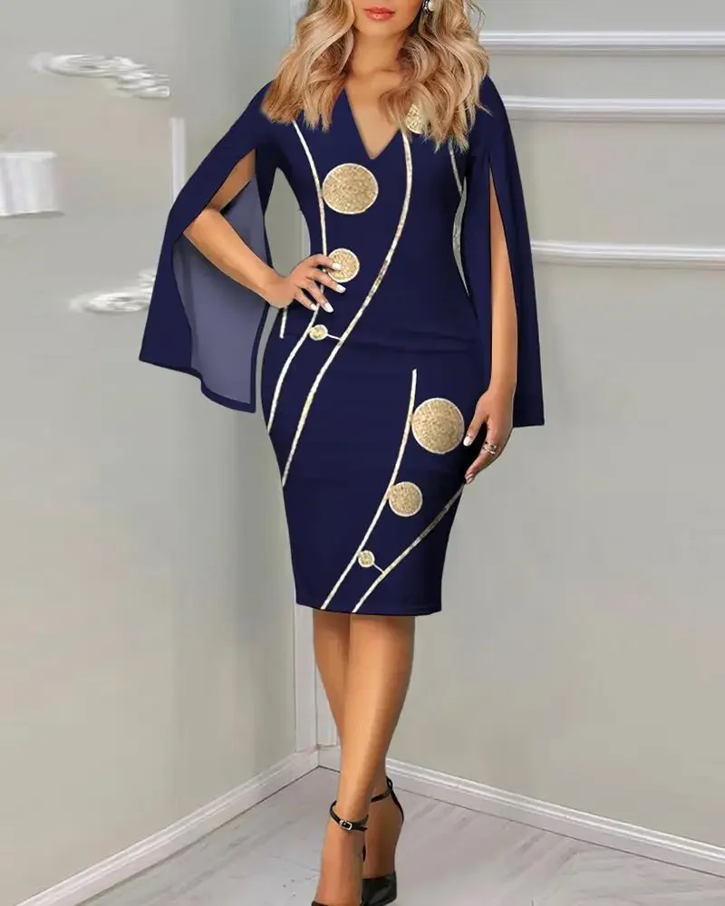 Damenkleid mit V-Ausschnitt, ausgestellten Ärmeln und geometrischem Golddruck, figurbetontes Midikleid, elegantes, schmales Outfit für Teepartys und formelle Anlässe – Detail 7