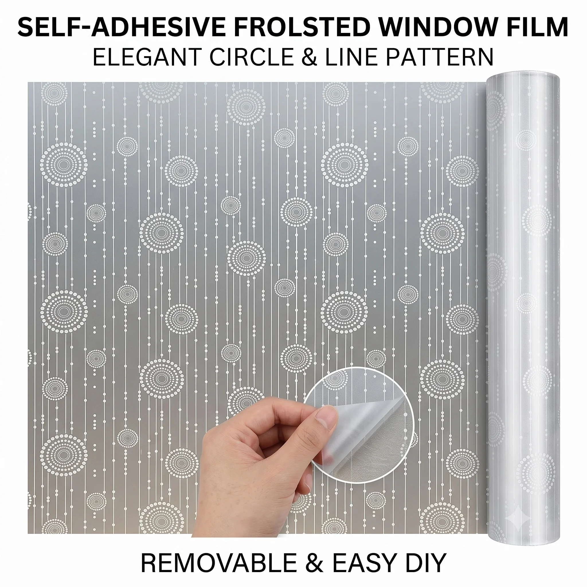 Self-Adhesive Frosted Window Film Privacy Anti-Peeping Glass Sticker with White Circle And Vertical Line Soft Light Filter DIY C