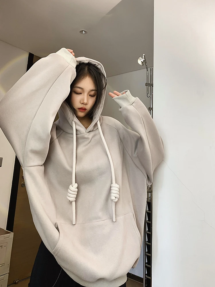 

Женская толстовка Big Biu Studio с капюшоном, утепленная, свободного кроя, однотонная, с длинными рукавами, для молодых женщин