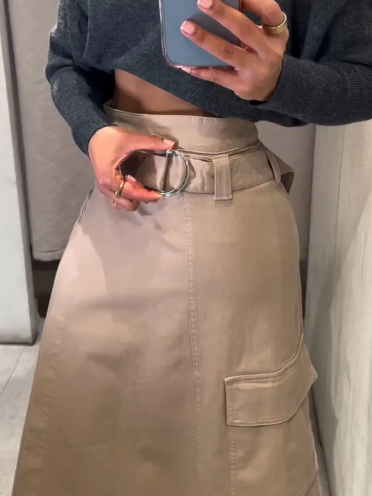 Hh Woman Spring Fashion Versatile Belt Pocket Patchwork Decoration Work Clothes Midi Skirt Female Casual Street Style Skirt