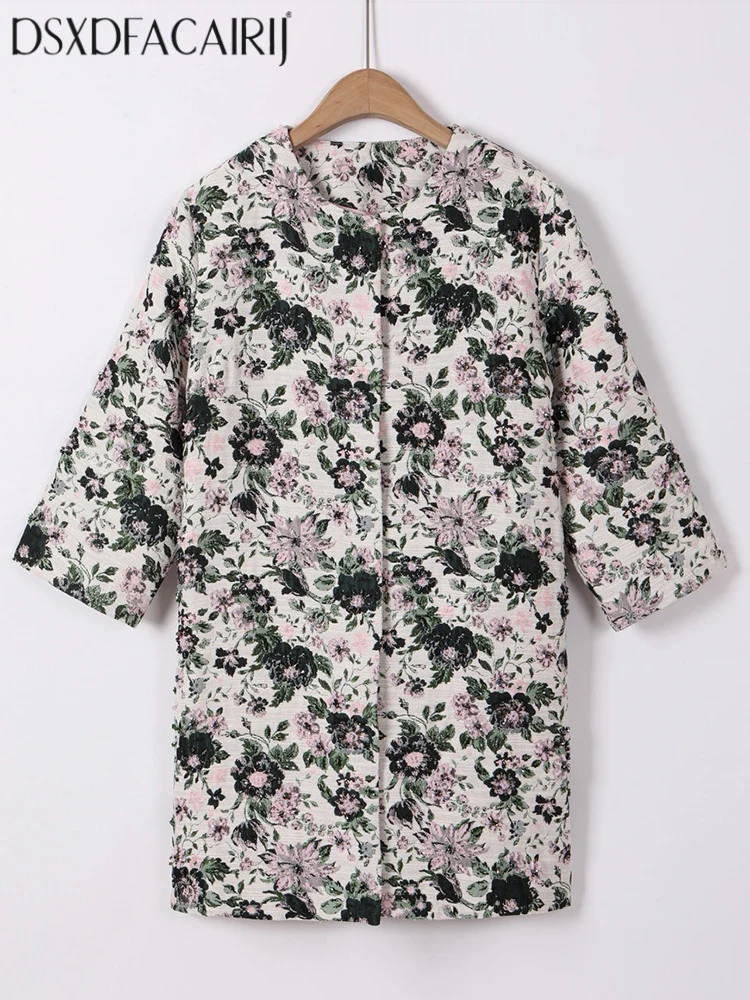DSFACAIRIJ Women's O-Neck Beaded Print High Street Coat with Pockets 4/3 Sleeve Covered Button Outerwear for Autumn Fashion